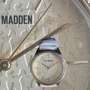 Steve Madden Gold-Tone Bezel Ivory Textured Dial Watch with White Strap